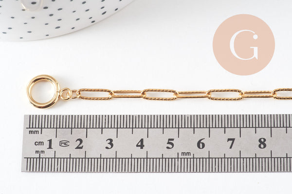 Bracelet trombone striée acier doré 14k inoxydable, fermoir en T, sans nickel, 20.9cm, x1 (G5805)