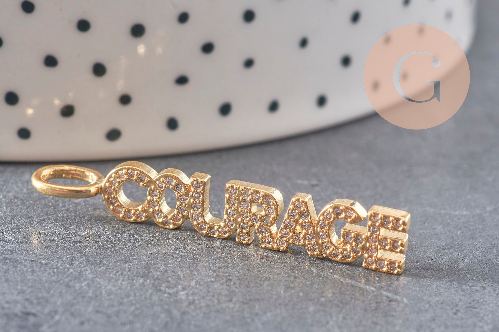 Breloque COURAGE laiton doré 18k cristal 40mm, x1 (G6359)