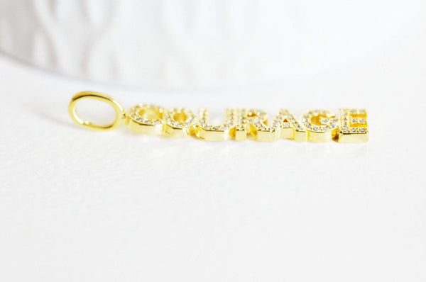 Breloque COURAGE laiton doré 18k cristal 40mm,Pendentif zircon pour création bijoux DIY, x1 (G6359)