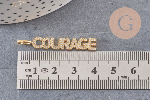 Breloque COURAGE laiton doré 18k cristal 40mm,Pendentif zircon pour création bijoux DIY, x1 (G6359)