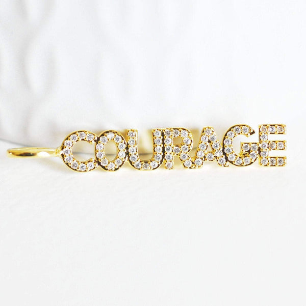 Breloque COURAGE laiton doré 18k cristal 40mm,Pendentif zircon pour création bijoux DIY, x1 (G6359)