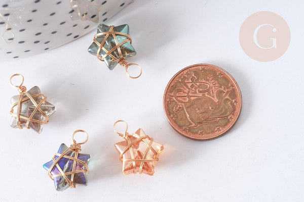 Breloque Etoile verre laiton doré couleur mixte 15~16mm, x1 (G8029)