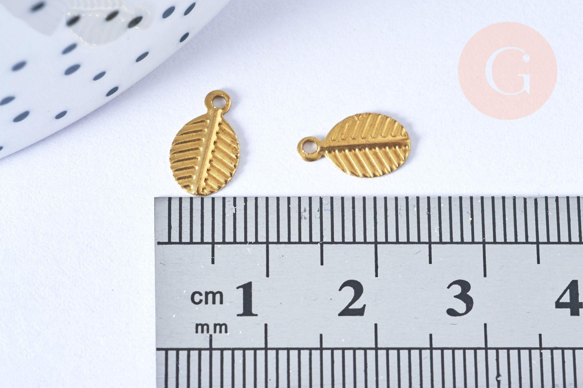 Breloque Feuille striée laiton brut 9,5mm, fournitures bijoux création bijoux, x 5 G6553