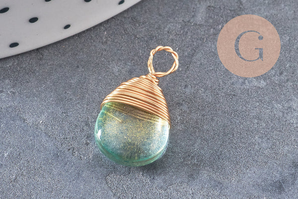 Breloque Goutte verre cuivre doré couleur mixte 18,5mm, breloque goutte verre, x1 (G8034)