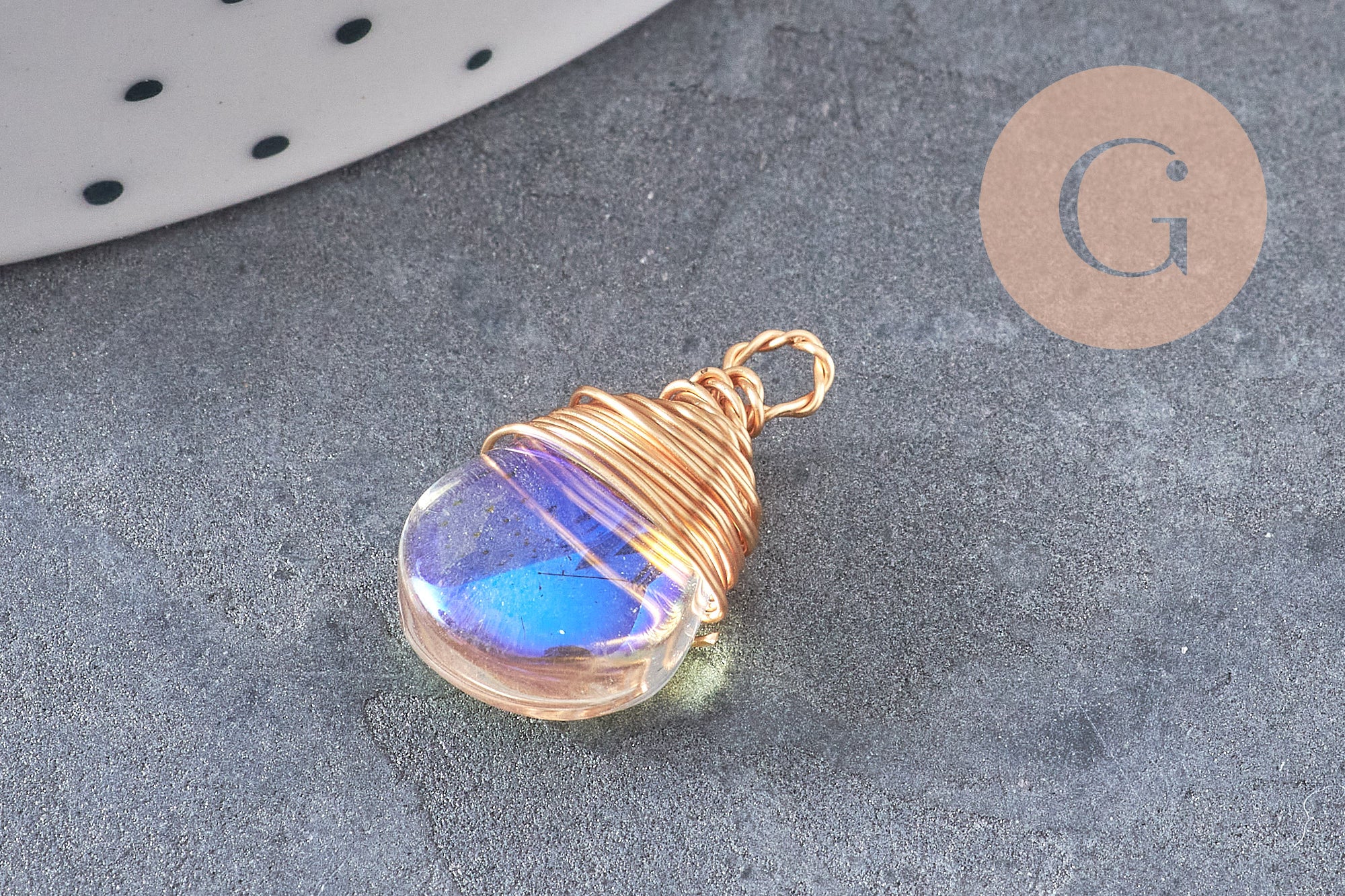 Breloque Goutte verre cuivre doré couleur mixte 18,5mm, breloque goutte verre, x1 (G8034)