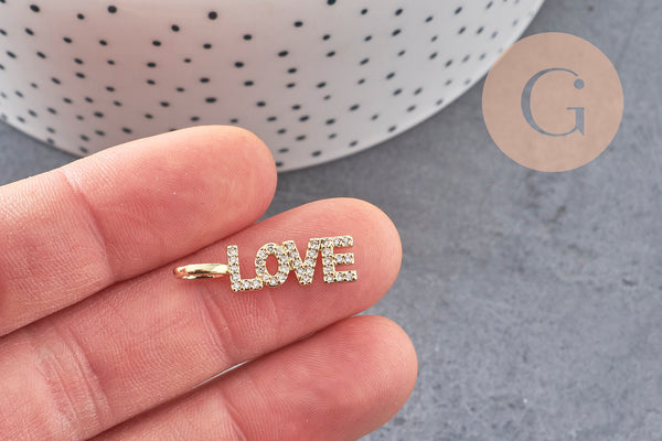 Breloque LOVE laiton doré 18k cristal 24mm,x1 (G3033)