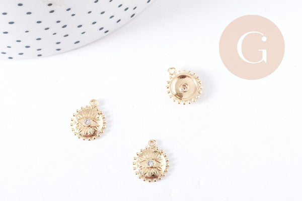 Breloque Mauvais Oeil ronde plate laiton doré zircon rond 13.5mm, pendentif bijoux chance, x1 G8964