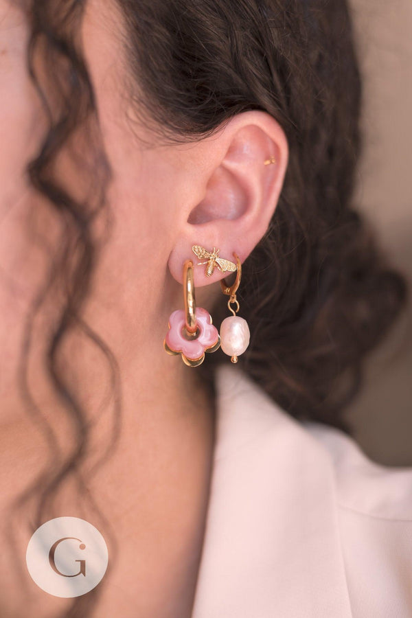 Breloque Perle d'eau douce naturelle blanche laiton et anneau acier 304 inoxydable doré, x1 (G7928)