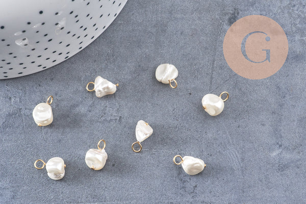 Breloque Perle coquillage naturel blanc acier 304 inoxydable doré 14mm, x1 (G10874)