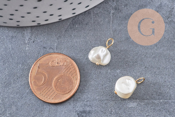 Breloque Perle coquillage naturel blanc acier 304 inoxydable doré 14mm, x1 (G10874)