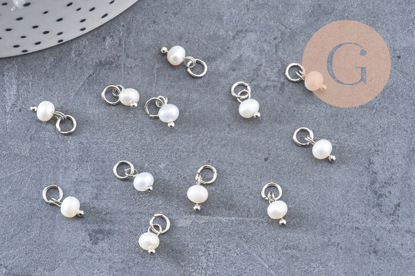 Breloque Perle d'eau douce naturelle blanche acier 304 inoxydable platine 8.5mm, x1 (G10901)