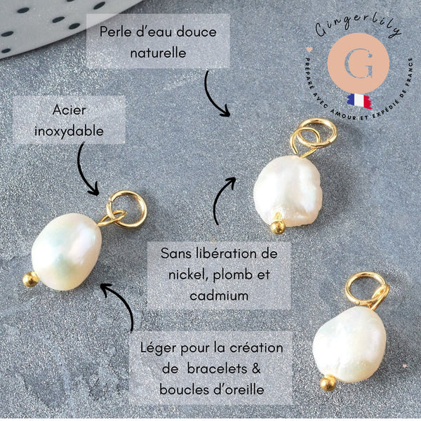 Breloque Perle d'eau douce naturelle blanche laiton et anneau acier 304 inoxydable doré, x1 (G7928)