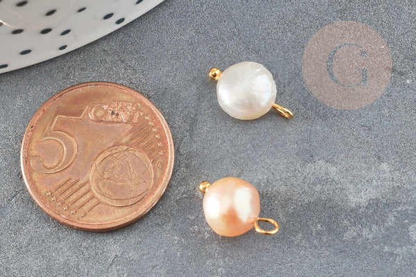 Breloque Perle d'eau douce naturelle rose pêche laiton doré 10-12mm, x1 (G9327)