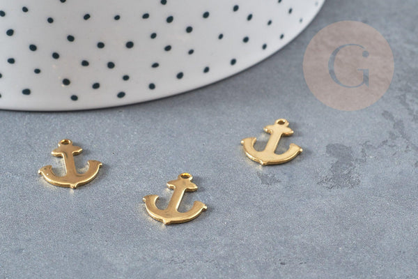 Breloque ancre acier 304 inoxydable doré 14k 12mm, x10 (G0728)