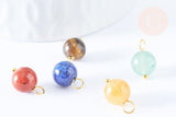 Breloque boule pierre naturelle laiton doré 13.5mm, fournitures pour création de bijoux, x1 (G7092)