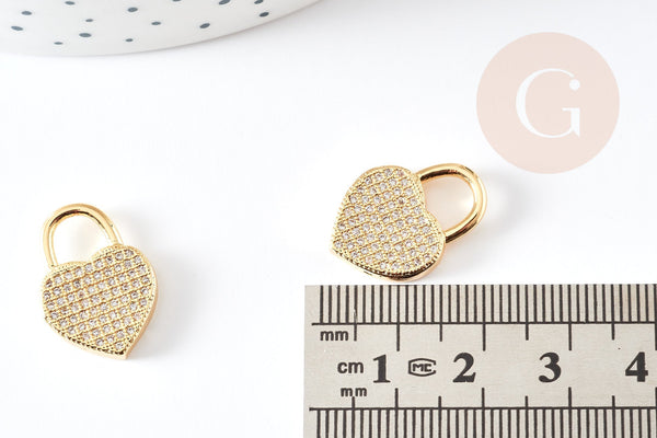 Breloque cadenas cœur laiton doré 18k cristal 20mm,pendentif amour pour création bijoux, x1 G3163