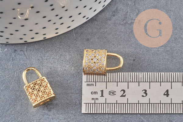 Breloque cadenas laiton doré 18k zircons 12.5mm, x1 (G2578)