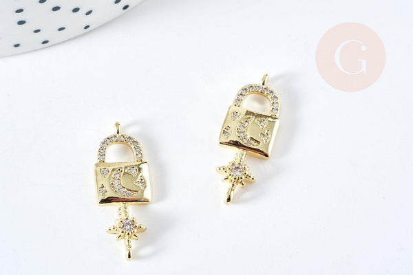 Breloque cadenas lune laiton doré 18k cristal 28mm, x1 (G2978)