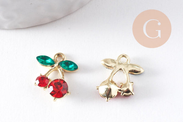Breloque cerise zircons et zamac doré 16K, x2 (G10391)