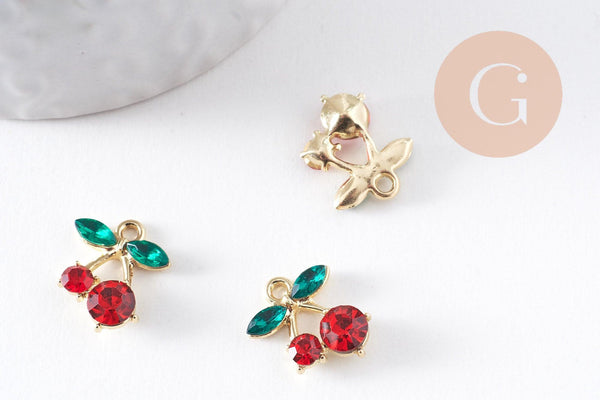 Breloque cerise zircons et zamac doré 16K, x2 (G10391)