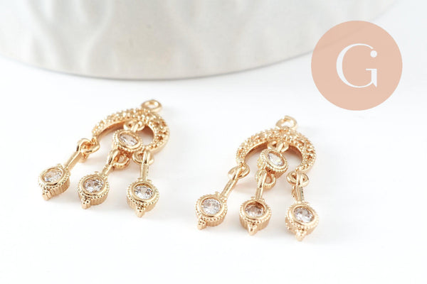 Breloque chandelier laiton doré 18k cristal,sans nickel,création boucles d'oreille zircon,25mm, x1 (G4220)