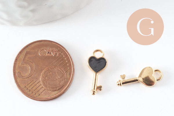Breloque clé coeur noir laiton doré 16mm, x2 (G4300)