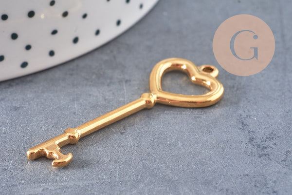 Breloque clef acier doré 18k 50mm, pendentif création bijoux amour en acier inoxydable, x1 G4915