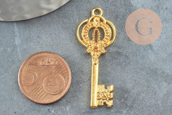 Breloque clef zamac doré 18k,création bijoux,pendentif amour, Pendentif clé,41mm, x1 (G3792)