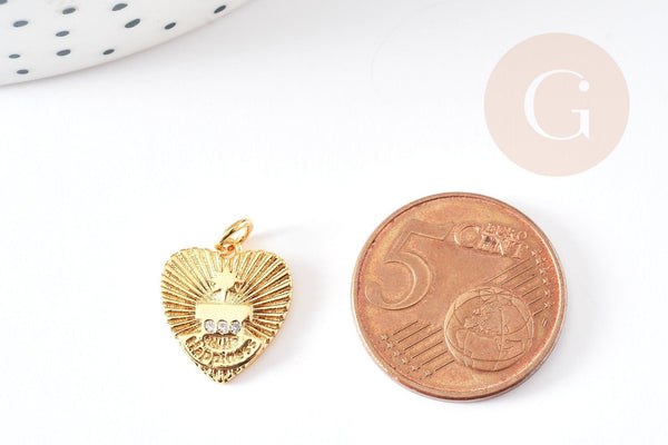 Breloque coeur laiton doré 18k cristal 14.5mm, x1 (G3588)