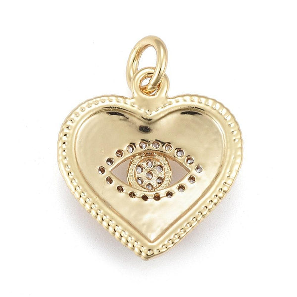 Breloque coeur oeil laiton doré 18k cristal 16.5mm,sans nickel,création bijoux amour, Pendentif zircons blancs, x1 G4265