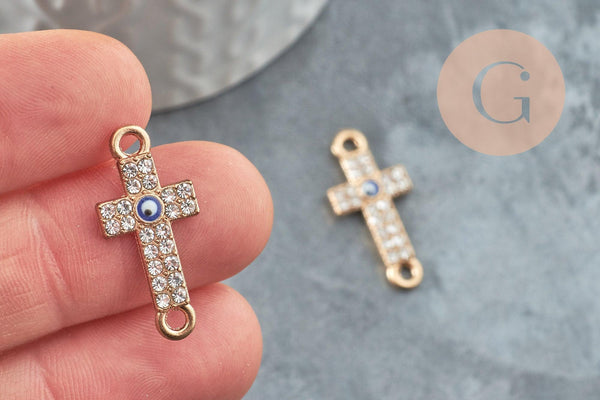 Breloque connecteur croix zamac doré cristal,sans nickel,pendentif oeil protecteur, Pendentif zircon,25.5mm, x1 (G4096)