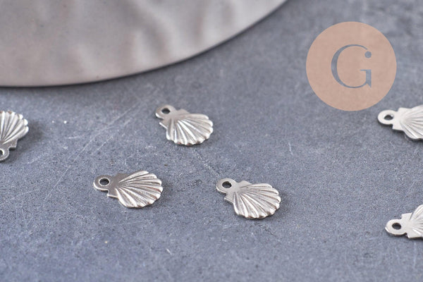Breloque coquillage acier argenté ,Pendentif coquillage,acier inoxydable,pendentif bijoux,sans nickel,7.5mm x10 (G4850)