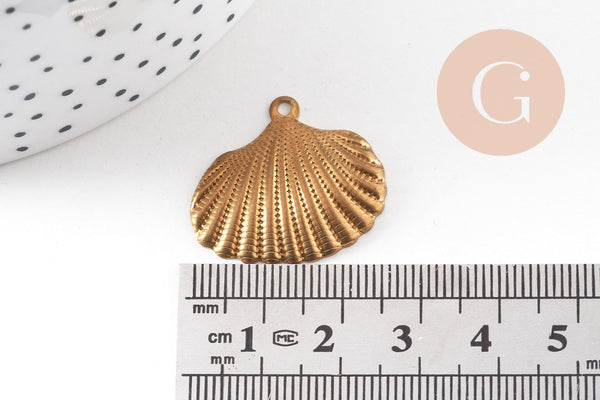 Breloque coquillage laiton brut 26mm, breloquesmétal doré pour création bijoux,sans nickel x2 G7268