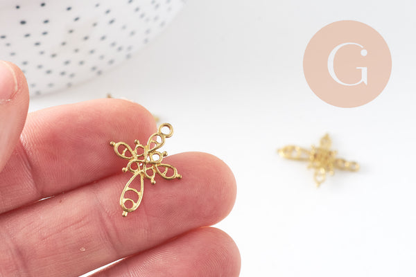 Breloque croix laiton ajourée laiton brut 22.5mm, x5 (G0363)