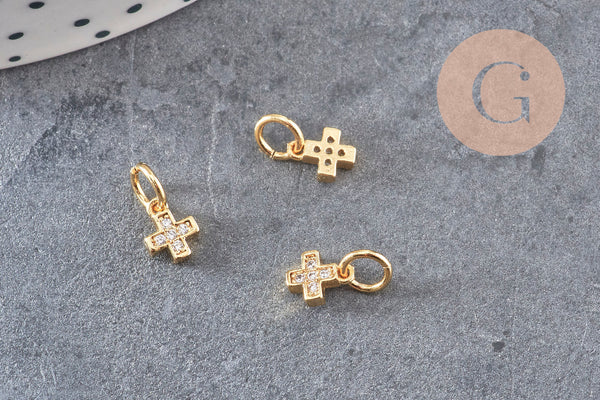Breloque croix laiton doré 18k cristal,sans nickel,croix bijoux,pendentif religion, Pendentif zircon,6.5mm x1 (G0820)