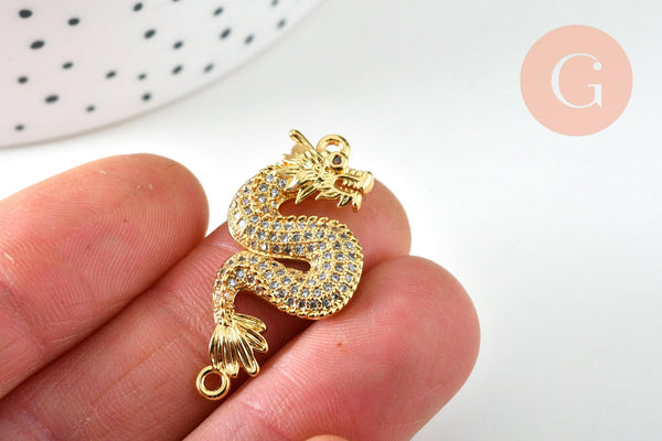 Breloque dragon laiton doré 18k cristal 33mm, x1 (G9158)
