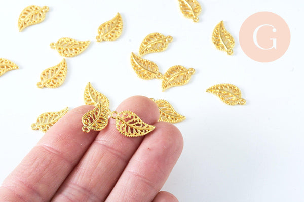 Breloque feuille zamac doré style tibétain 18mm, fournitures pour bijoux, x 10 G6962