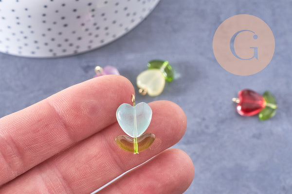 Breloque fleur tulipe coeur verre coloré acier 304 inoxydable doré, x5 (G10657)