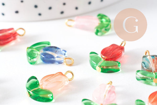 Breloque fleur tulipe verre coloré fer doré 21.5mm, x5 (G10301)