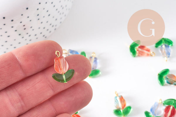 Breloque fleur tulipe verre coloré fer doré 21.5mm, x5 (G10301)