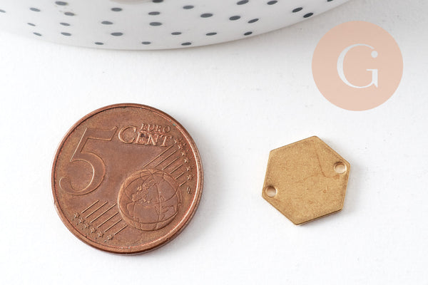 Breloque hexagone laiton brut 2 trous 12mm, pendentif géométrique sans nickel x10 (G1249)