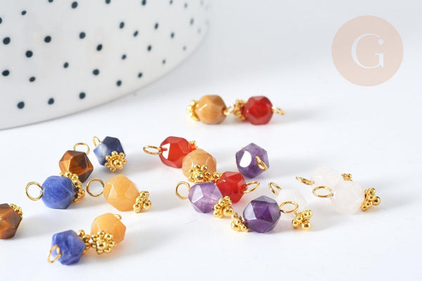 Breloque hexagone pierres naturelles laiton doré 12mm, x1 (G8343)