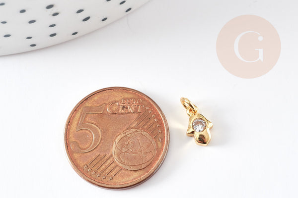 Breloque main fatma laiton doré 18k cristal blanc,création bijoux,pendentif religion, Pendentif zircon,13mm, x1 (G3470)