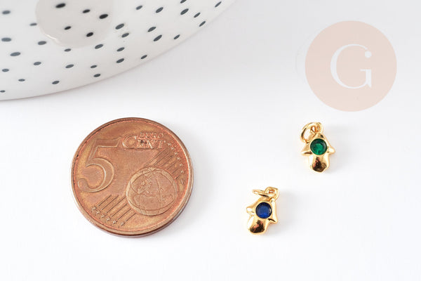 Breloque main fatma laiton doré 18k cristal coloré,création bijoux,pendentif religion, Pendentif zircon,13mm, x1 (G3478)