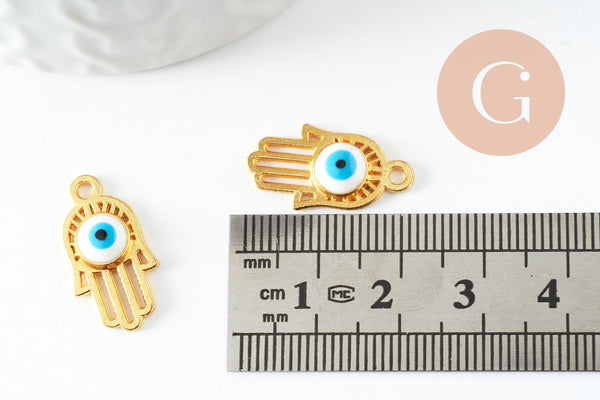 Breloque main fatma oeil laiton doré 18k 20.5mm,pendentif mystique chance pour création bijoux,x1 (G3511)