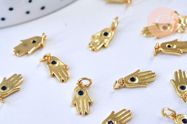 Breloque main oeil protecteur zamac doré 18k cristal zircon bleu 14mm, x1 (G5644)