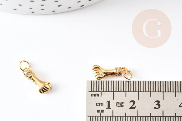 Breloque main poing laiton doré 18k cristal zircon,Pendentif zircon création de bijoux,14.5mm, x1 G5257