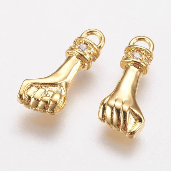 Breloque main poing laiton doré 18k cristal zircon,Pendentif zircon création de bijoux,14.5mm, x1 G5257