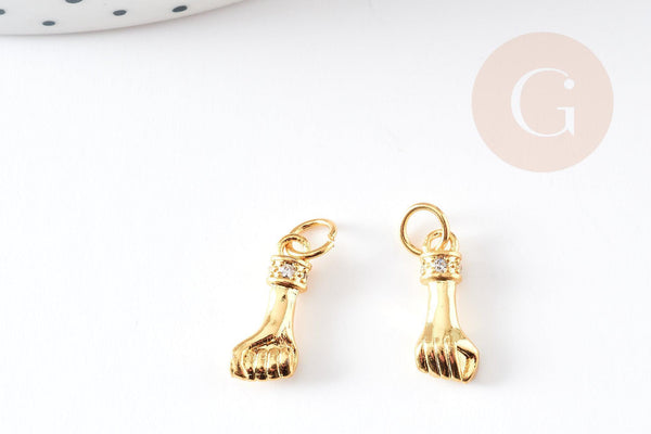 Breloque main poing laiton doré 18k cristal zircon,Pendentif zircon création de bijoux,14.5mm, x1 G5257