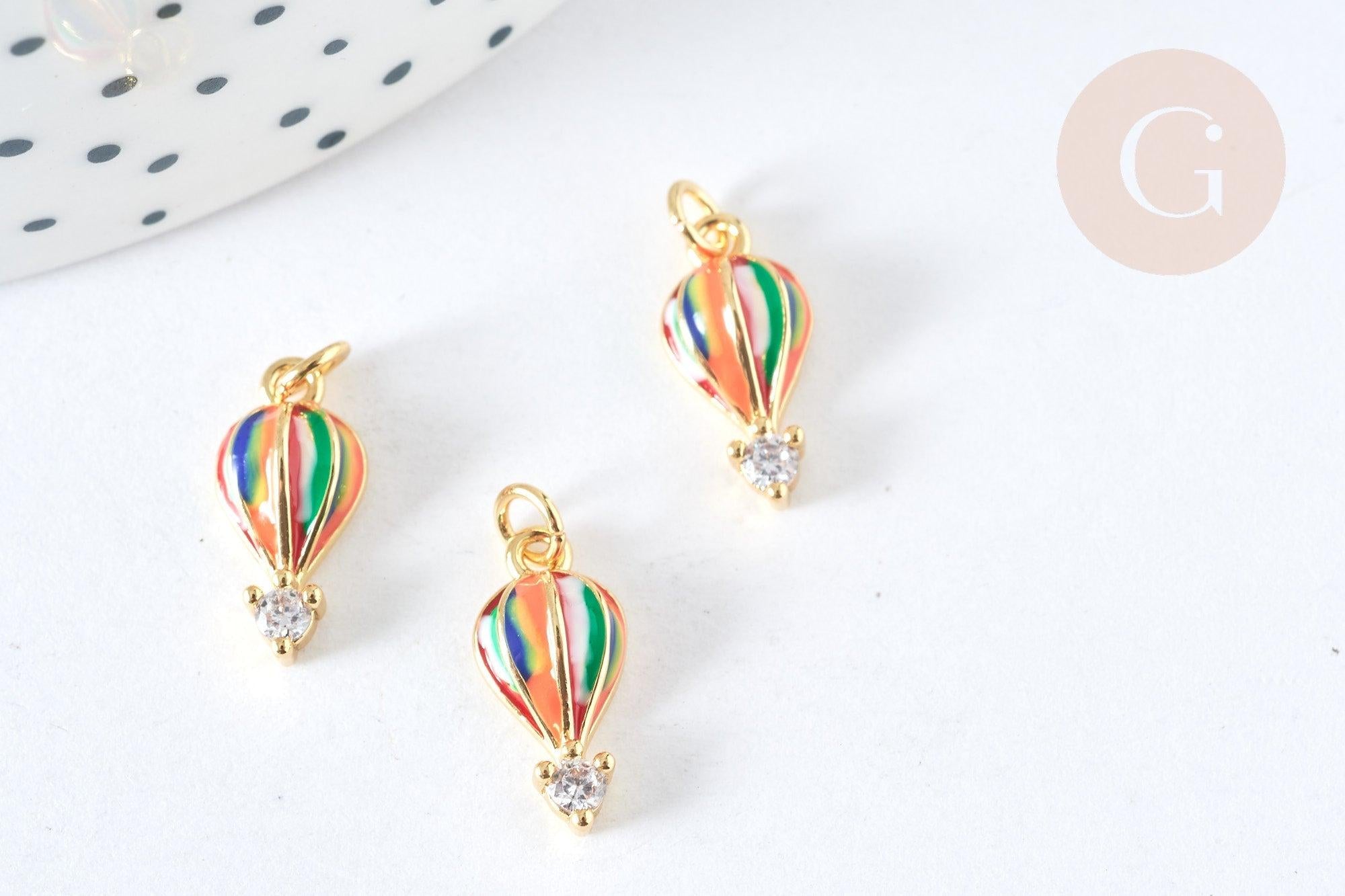 Breloque montgolfière émail multicolore laiton doré et zircon blanc 14mm,création bijoux coloré, x1 G7377
